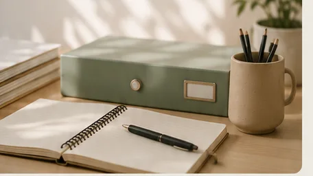 A sage-green document box on a tidy desk beside an open notebook, a pen, and a mug of pencils