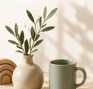 A speckled vase of olive branches beside a sage-green mug and a wooden rainbow toy in warm morning light